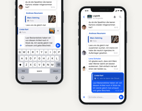 B2B-SaaS Mitarbeiter App zeigt Chat für Logistik-Team; stärkt Frontline mit HR-Portal, Employee Experience Platform.