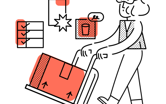 Illustration of logistics icons: checklist, package, and drink, in a minimal, decorative style.