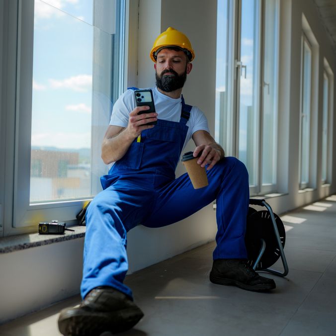 Construction worker in blue overalls using smartphone, holding coffee.