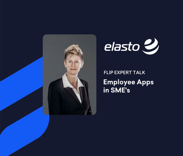 Portrait of a woman, elasto logo, FLIP EXPERT TALK Employee Apps in SMEs on dark background.