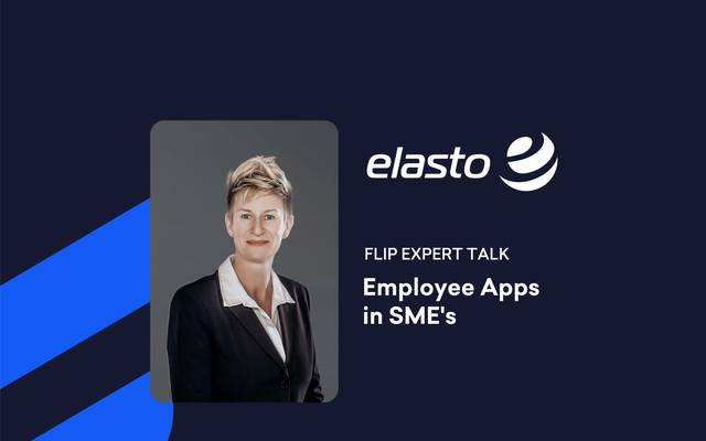 Portrait of a woman, elasto logo, FLIP EXPERT TALK Employee Apps in SMEs on dark background.