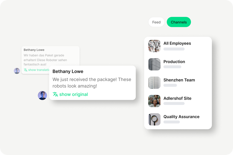 B2B-SaaS Mitarbeiterplattform UI: Employee App, HR-Portal, Flip Flows, Employee Engagement, Channels.