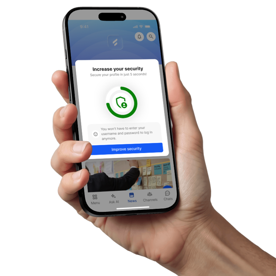 Hand holding phone showing Flip app security prompt: Increase your security.