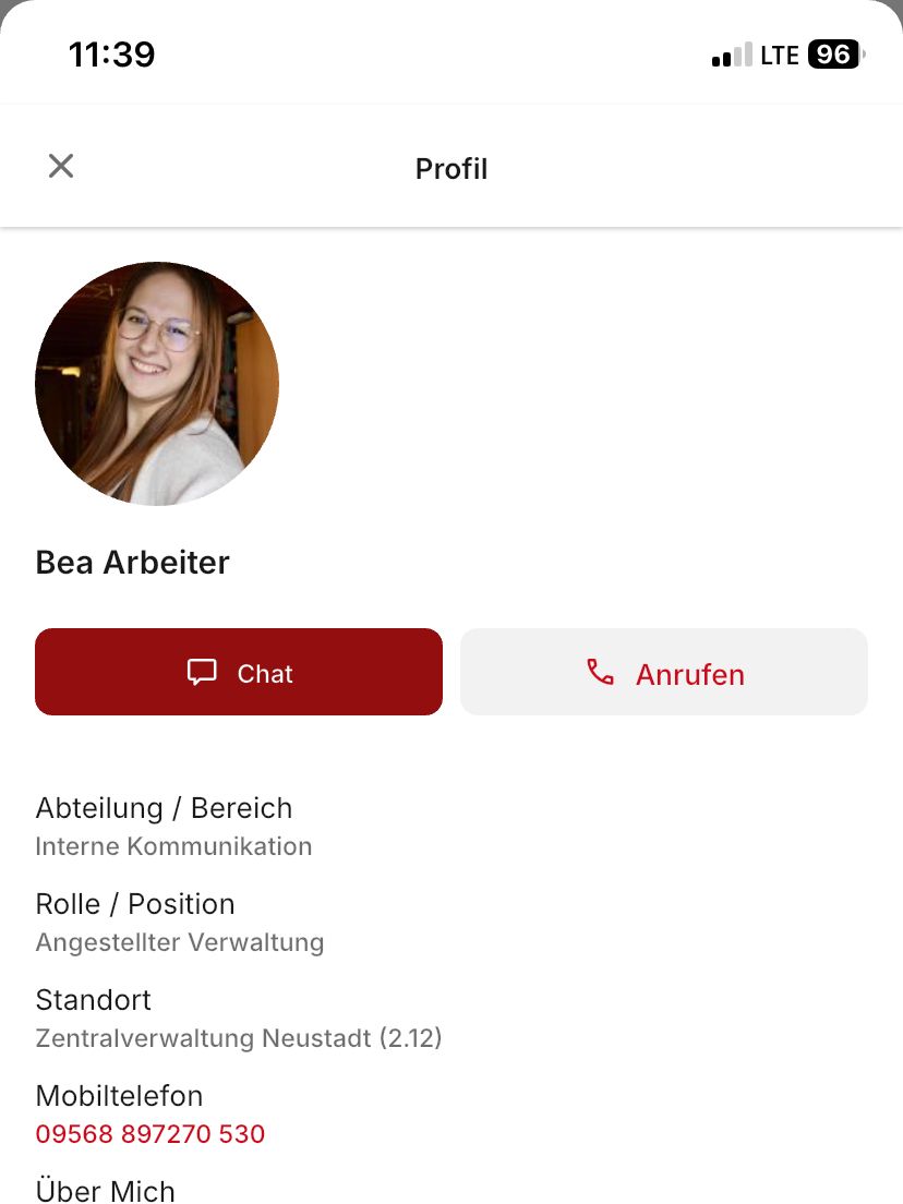 Profile interface showing person with contact options and job details in German.