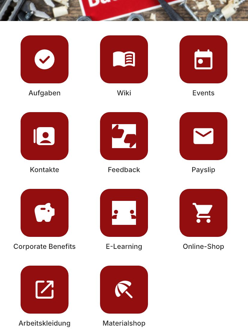 Sonderpreis Baumarkt app interface with icons for various tools.
