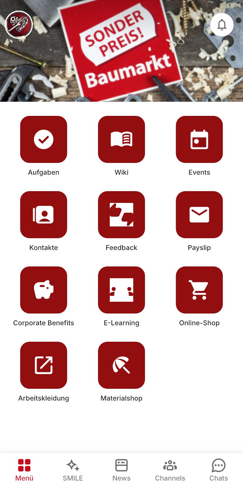 Sonderpreis Baumarkt app interface with icons for various tools.