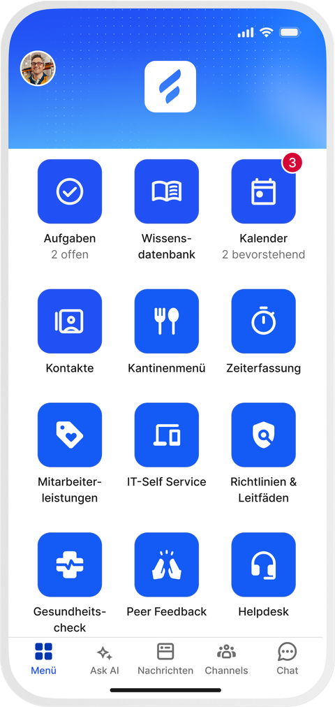 Mobile app interface with icons for tasks, calendar, and more in German.