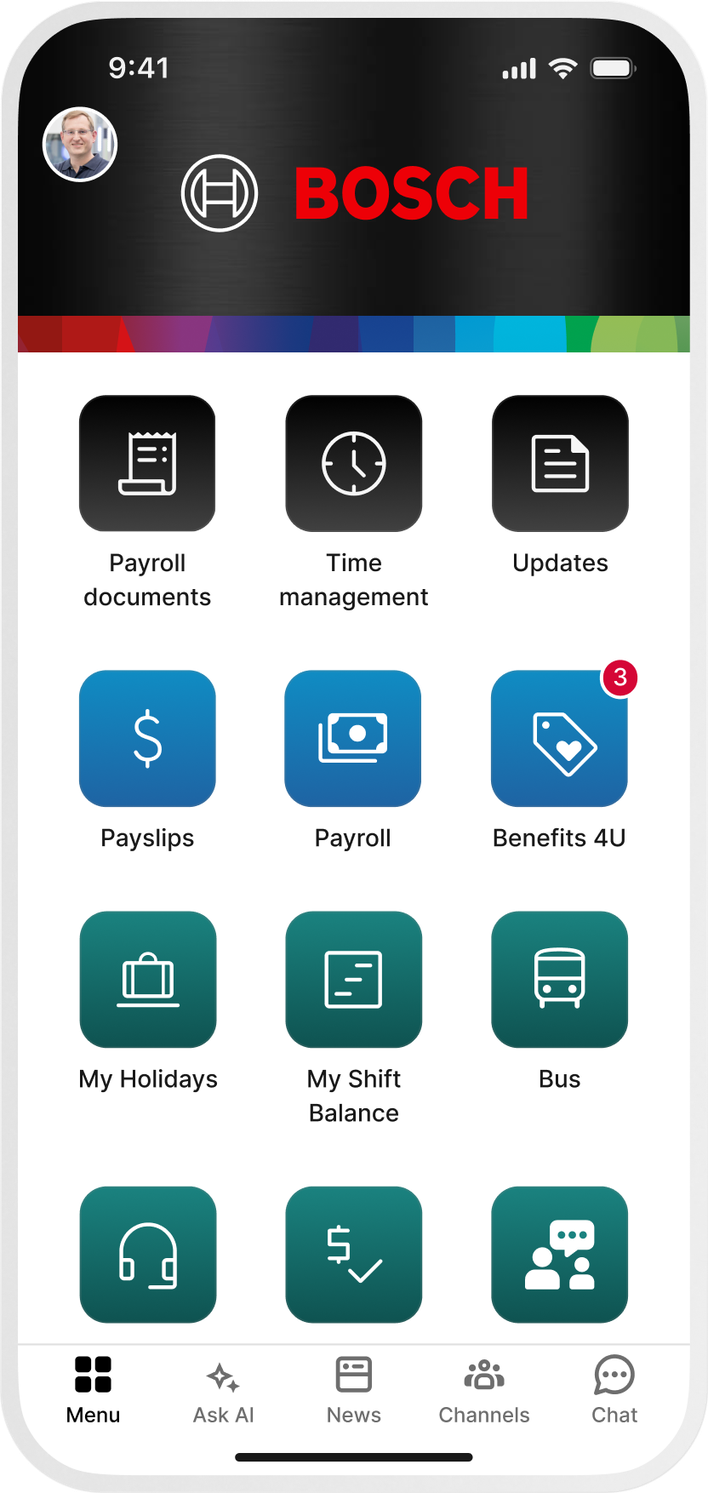 Bosch app interface with icons for payroll, time management, benefits, and more.