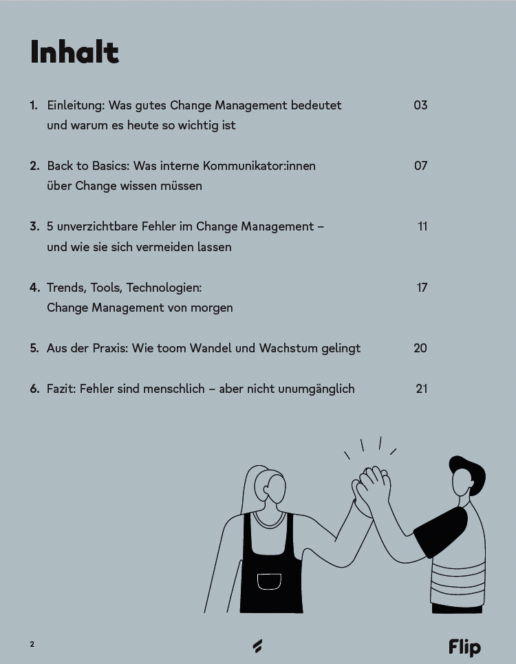 Inhalt: Change Management, Fehler vermeiden, Trends, Praxis, Fazit; Illustration High-Five.
