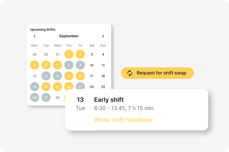Shift planning UI with Request for shift swap, empowering frontline via Employee App, HR-Portal.
