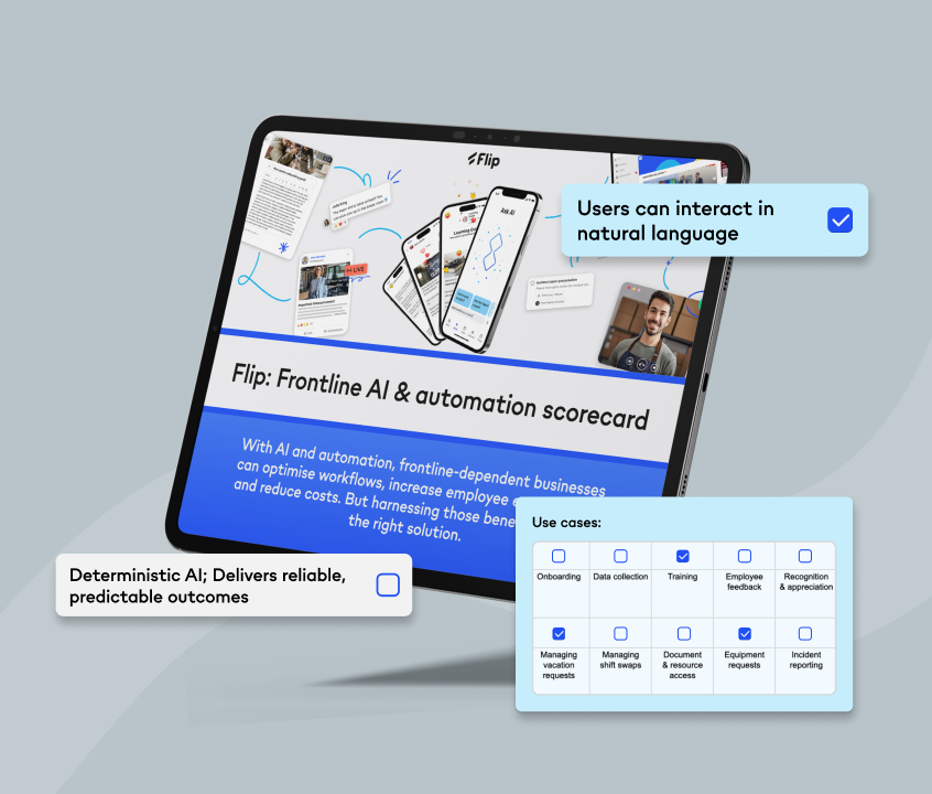Flip: Frontline AI & automation scorecard; Employee Experience Platform, Employee App, HR-Portal.