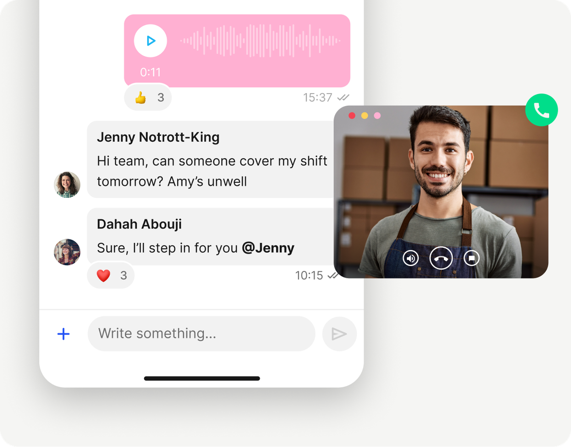 Chat and video call in Employee App for frontline comms, HR-Portal, Employee Experience Platform.