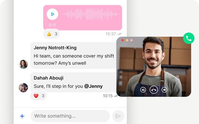 Chat and video call in Employee App for frontline comms, HR-Portal, Employee Experience Platform.