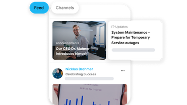 Employee Experience Platform UI: Feed, Channels, HR-Portal, Employee App, IT-Updates, Announcements.