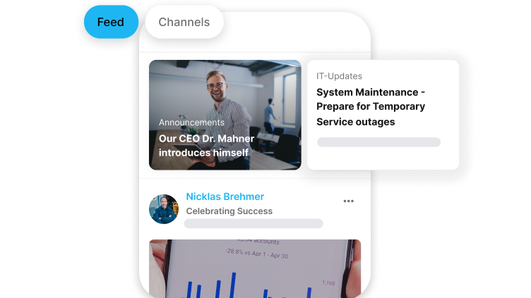 Employee Experience Platform UI: Feed, Channels, HR-Portal, Employee App, IT-Updates, Announcements.