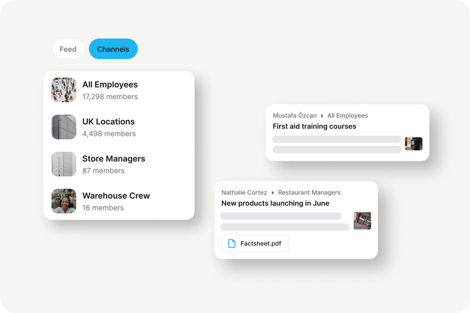 B2B-SaaS Employee App UI with channels for All Employees, HR-Portal, Employee Engagement, Intranet.