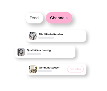 UI-Ausschnitt einer Mitarbeiterplattform: Channels, Alle Mitarbeitenden, Qualitätssicherung, Wohnungstausch.