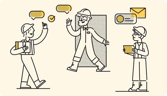 Illustration of frontline workers using Mitarbeiter App, Employee Experience Platform, HR-Portal, Intranet.