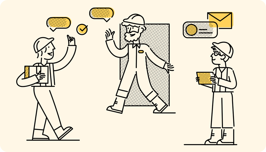 Illustration of frontline workers using Mitarbeiter App, Employee Experience Platform, HR-Portal, Intranet.