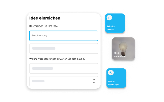 Mitarbeiterplattform: Idee einreichen, Schaden melden, Urlaub beantragen; Employee Experience Platform.