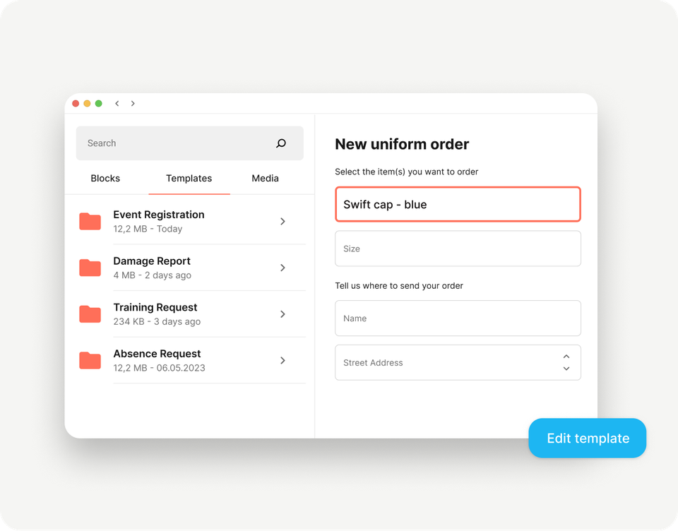 B2B-SaaS Employee Experience Platform UI: Templates for HR-Portal, Employee App, uniform order form.