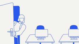 Minimalist illustration: person entering office with desks and computers, no text, decorative.
