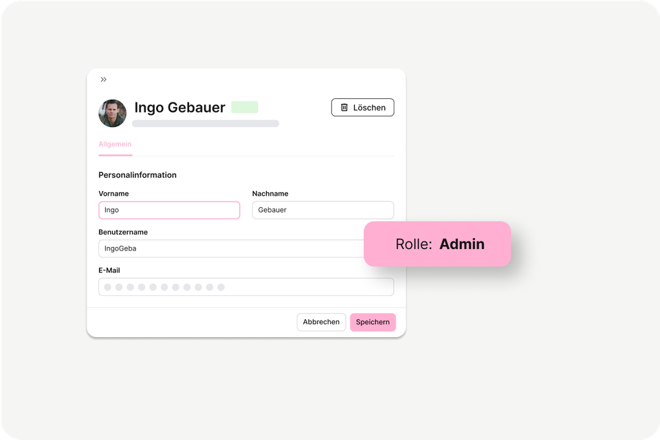 Mitarbeiterplattform UI zeigt Admin-Rolle, HR-Portal, Mitarbeiter App, Employee Experience Platform.
