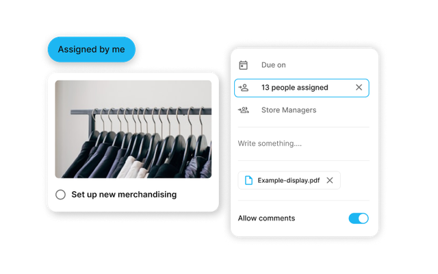 B2B-SaaS UI: Assigned by me, Set up new merchandising, 13 people assigned, Employee App, HR-Portal.
