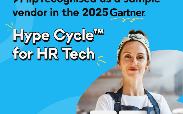 Flip recognised as a sample vendor in the 2025 Gartner Hype Cycle™ for HR Tech; employee app UI.