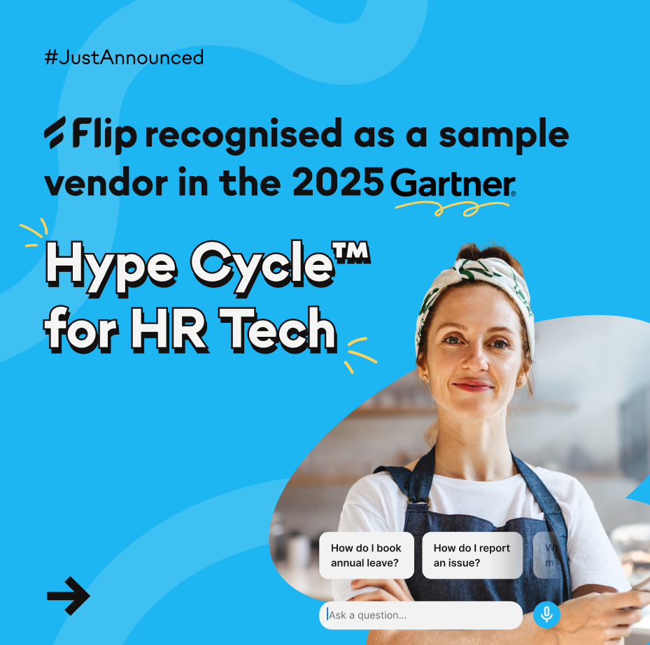 Flip recognised as a sample vendor in the 2025 Gartner Hype Cycle™ for HR Tech; employee app UI.