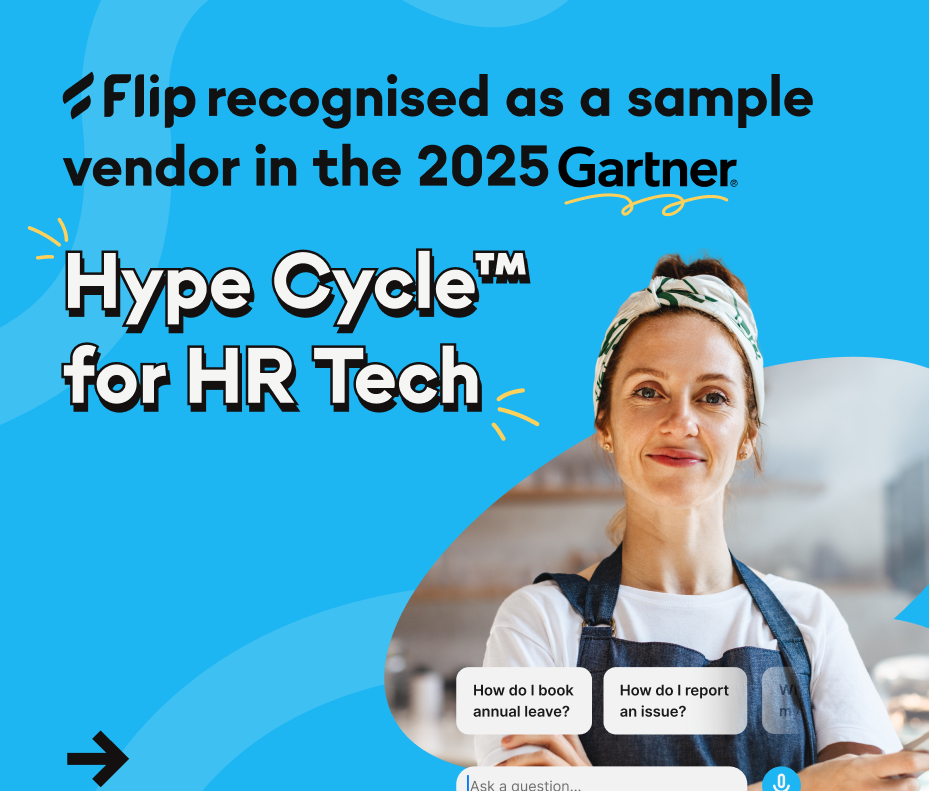 Flip recognised as a sample vendor in the 2025 Gartner Hype Cycle™ for HR Tech; employee app UI.