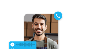 Video call UI with Joseph Hennson, voice message, empowering frontline via Mitarbeiter App, HR-Portal.
