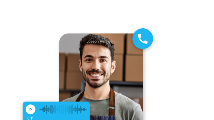 Video call UI with Joseph Hennson, voice message, empowering frontline via Mitarbeiter App, HR-Portal.