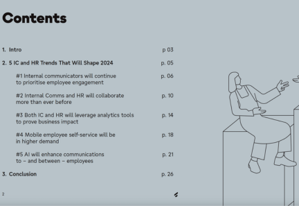 Table of contents on HR, IC, employee engagement, analytics, mobile self-service, and AI trends 2024.