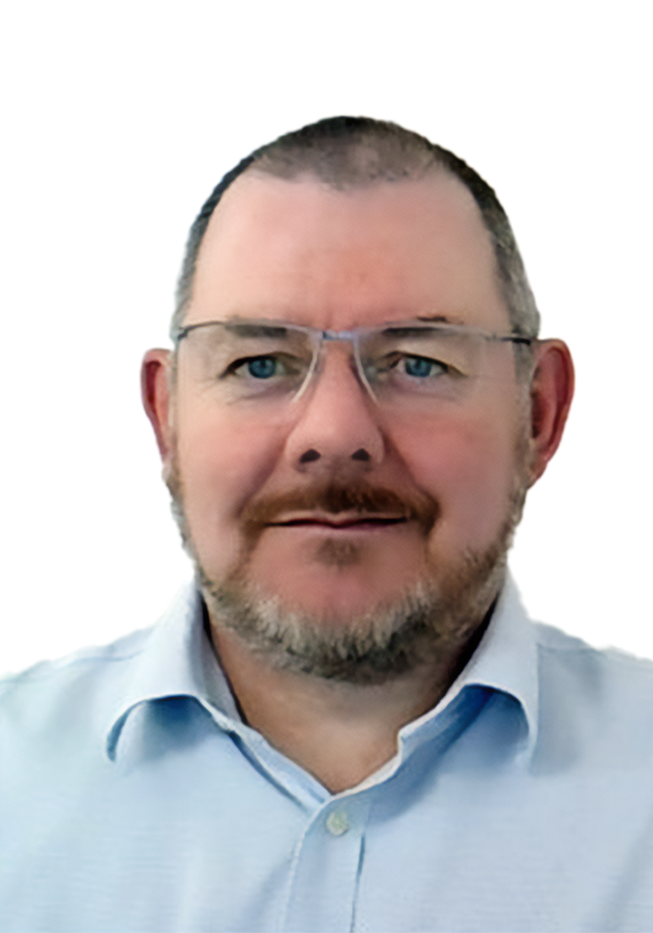 Portrait of a man with glasses and a light blue shirt on a plain white background.