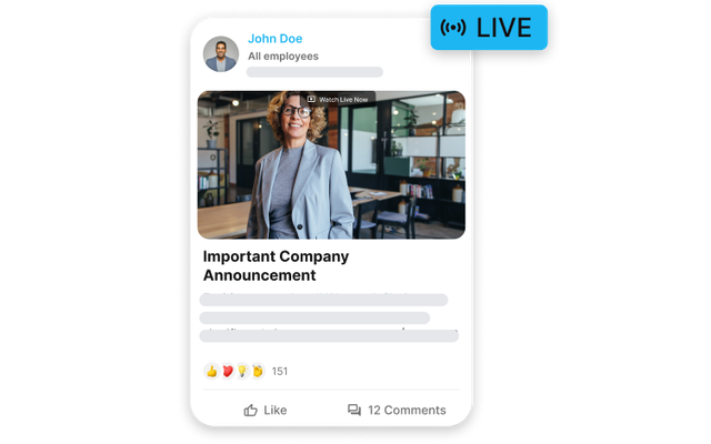 Employee App UI: LIVE company announcement, empowering frontline via HR-Portal, Employee Engagement.