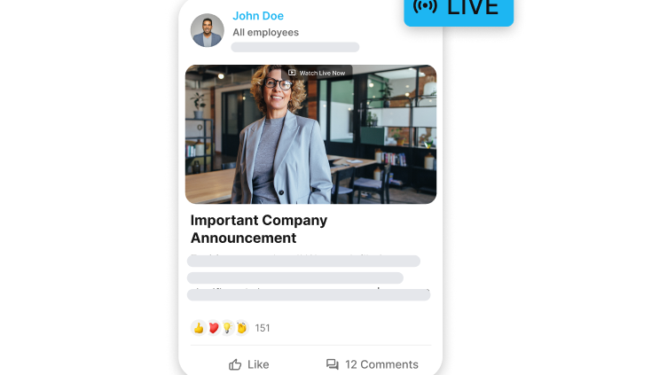 Employee App UI: LIVE company announcement, empowering frontline via HR-Portal, Employee Engagement.