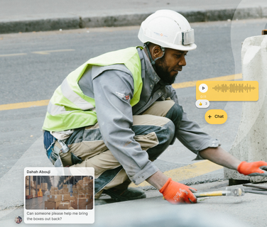 Road worker in high vis and a hard hat kneeling on a construction site, surrounded by chat message bubbles and a voice message window.