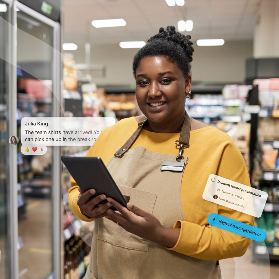 Frontline employee uses Employee App for comms, HR-Portal, Flip Flows, Employee Engagement tasks.