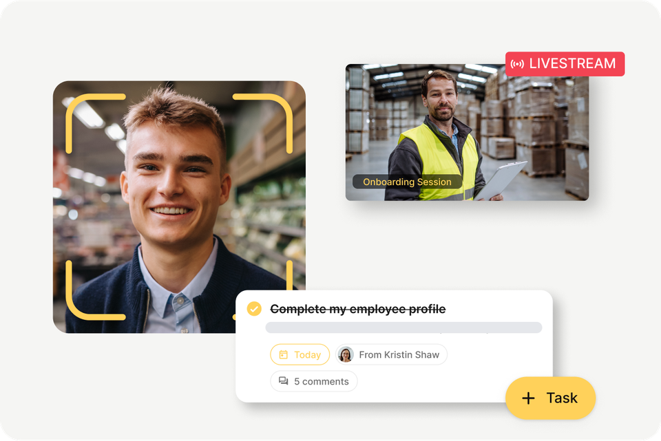 Flip Employee Experience Platform UI: LIVESTREAM Onboarding Session, Task, Employee App, HR-Portal.
