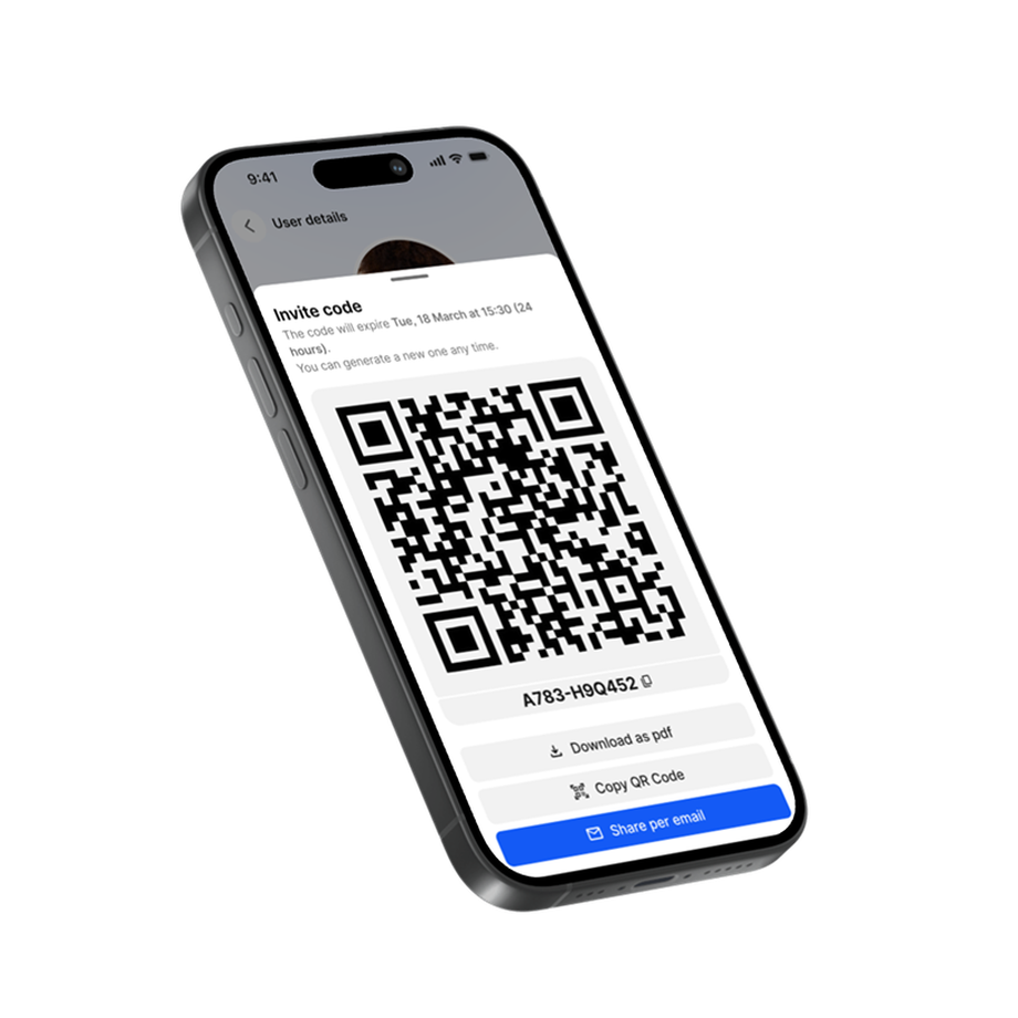Phone displaying a QR code with options to download, copy, or share by email.