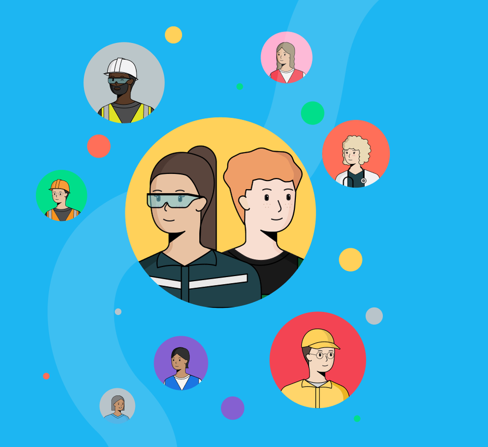 Illustration of diverse frontline workers, symbolizing Employee Experience Platform, Mitarbeiter App.