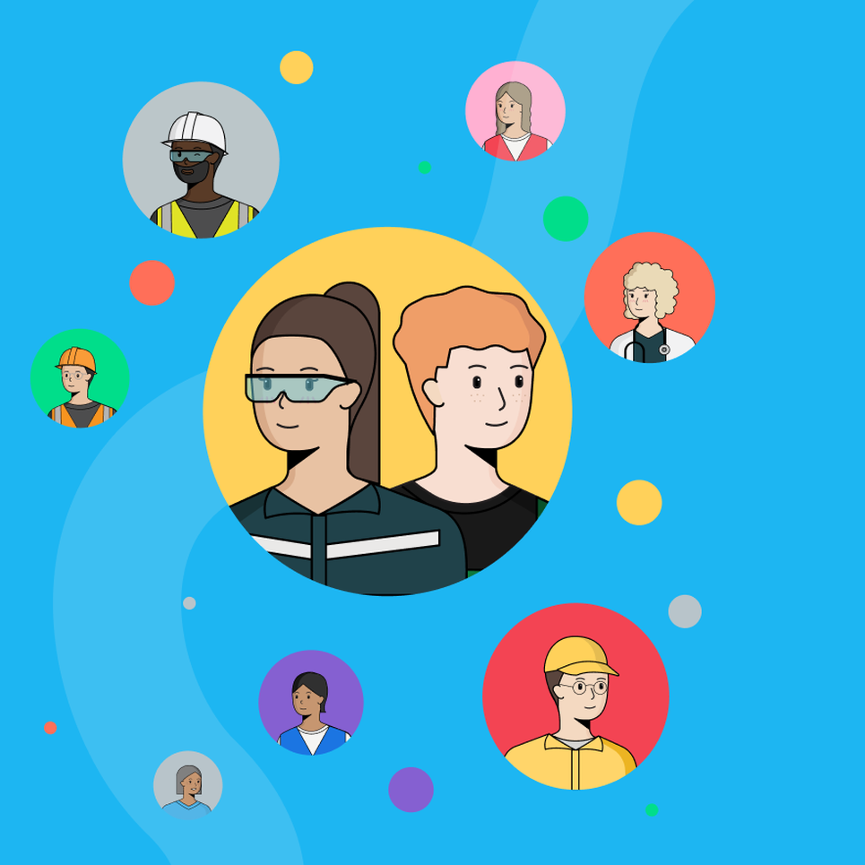 Illustrated diverse professionals in colorful circles on a blue background.