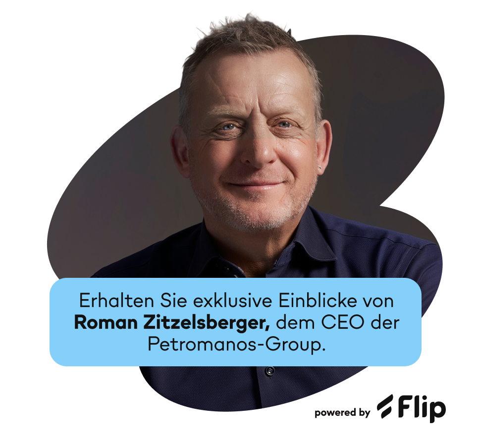 Porträt eines Mannes mit Text: Erhalten Sie exklusive Einblicke von Roman Zitzelsberger, dem CEO der Petromanos-Group. Powere