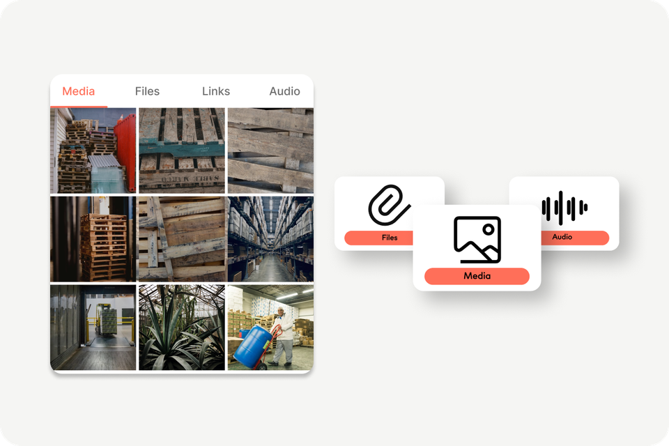 B2B-SaaS UI: Media, Files, Links, Audio tabs empower frontline via Mitarbeiterplattform, Employee App.
