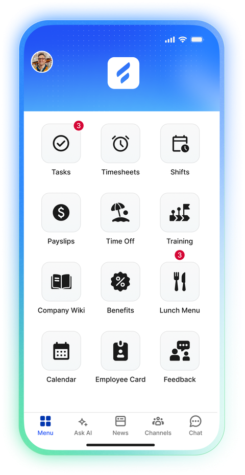 Mobile app interface for tasks, timesheets, and more.