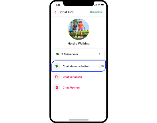 Chat Info einer Mitarbeiter App: Nordic Walking, 9 Teilnehmer, Chat stummschalten, Chat verlassen, Chat löschen.