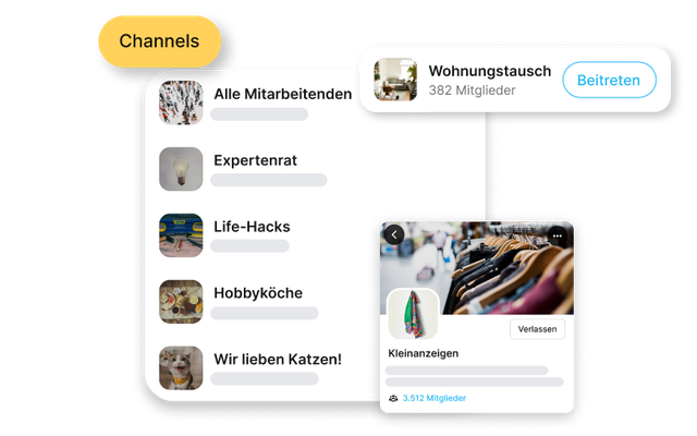 Mitarbeiterplattform mit Channels wie Wohnungstausch, Kleinanzeigen, Mitarbeiter App, HR-Portal.