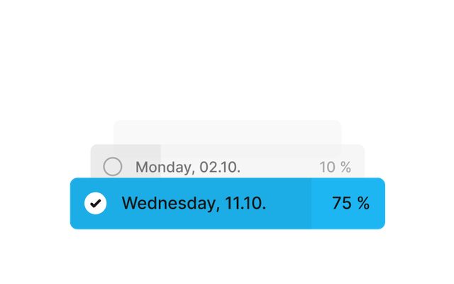 Umfrageauswahl in Mitarbeiter App: Monday, 02.10. 10% und Wednesday, 11.10. 75%.