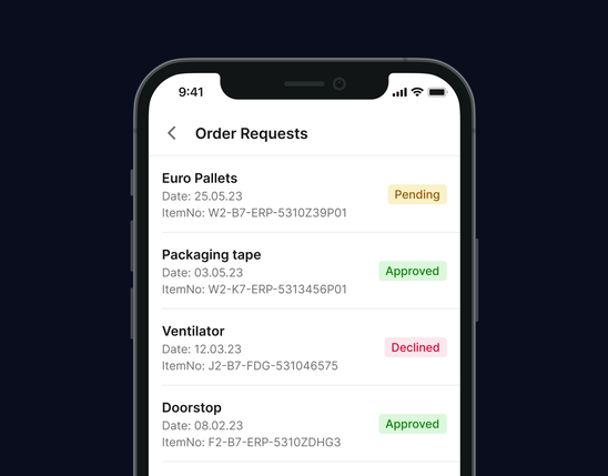 Mobile Mitarbeiter App UI zeigt Order Requests mit Status: Pending, Approved, Declined; HR-Software.